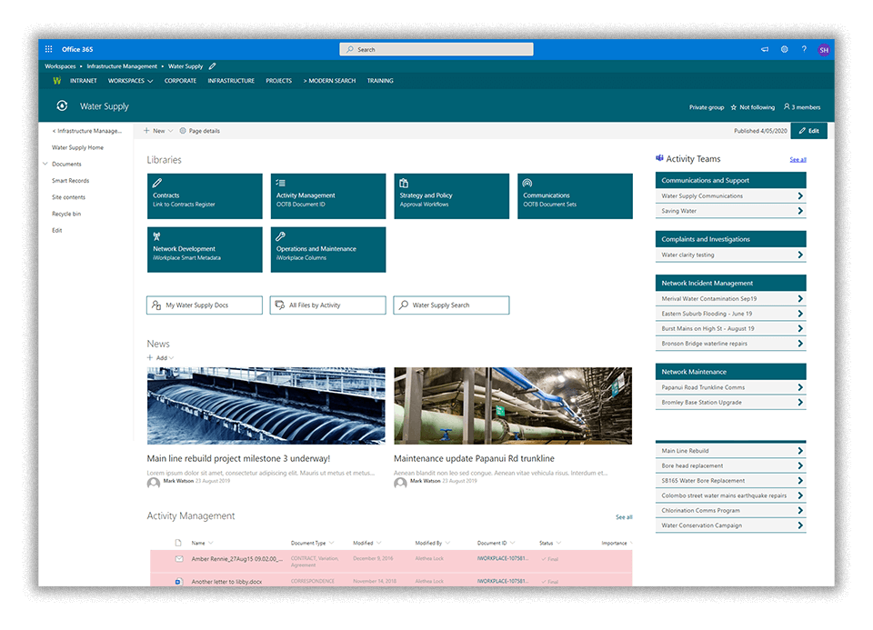 feature - a screenshot of an Office 365 modern digital workplace