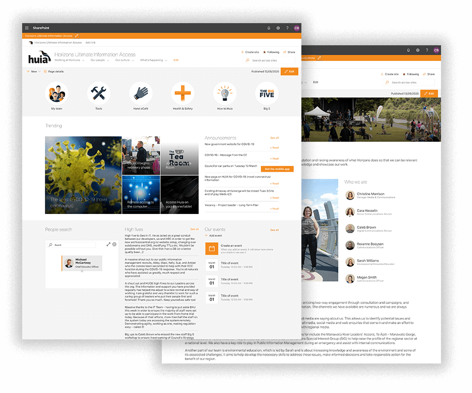 feature - two screenshots of beautiful new zealand Office 365 SharePoint Online intranets